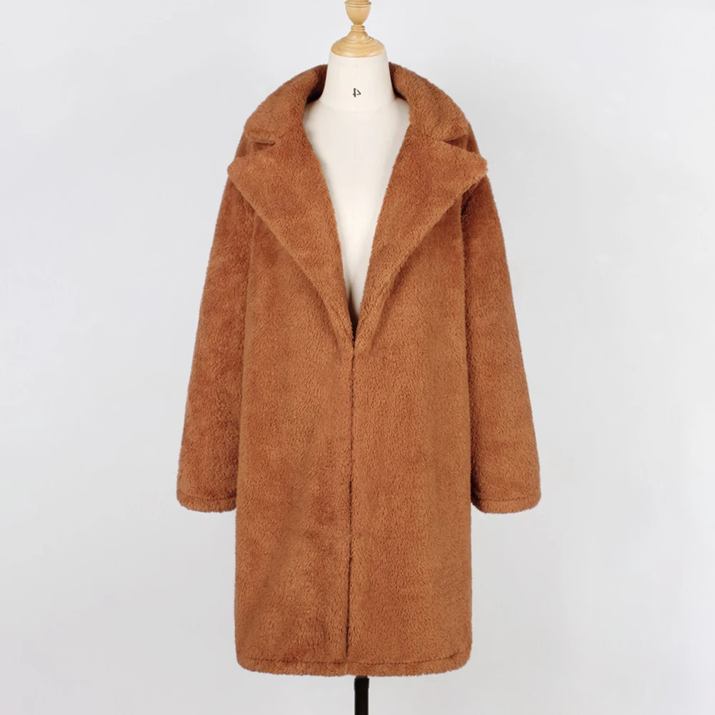 Женское пальто Тренч кардиган с лацканами теплый искусственный флис осень зима