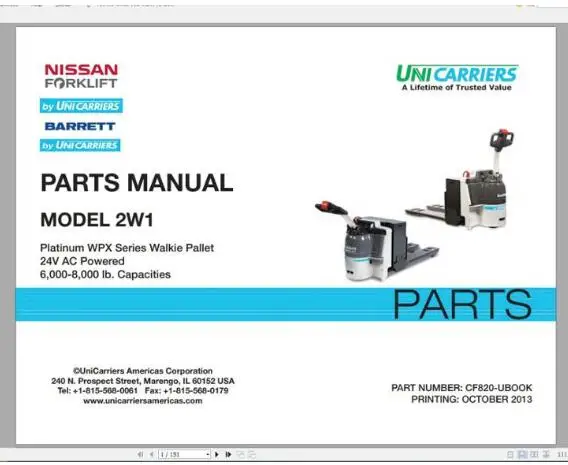 Запчасти для NISSAN UNICARRIERS Forklift каталог и руководство по обслуживанию (PDF) 2017 - купить