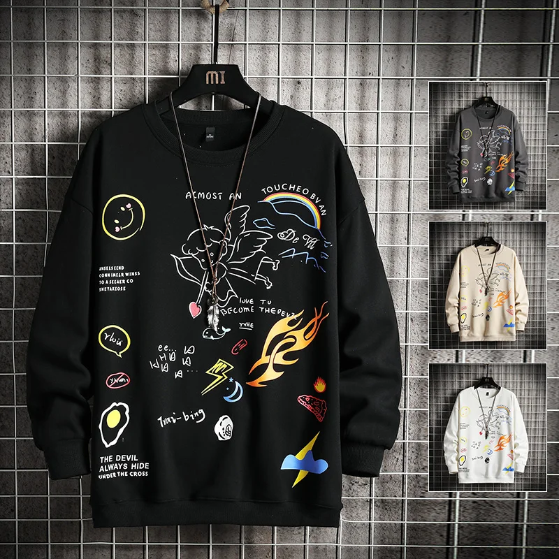 

Spring Crewneck Sweatshirt Men 2021 Harajuku Oversized Japanese Streetwear Black Hoodie Man Casual Loose Pullovers