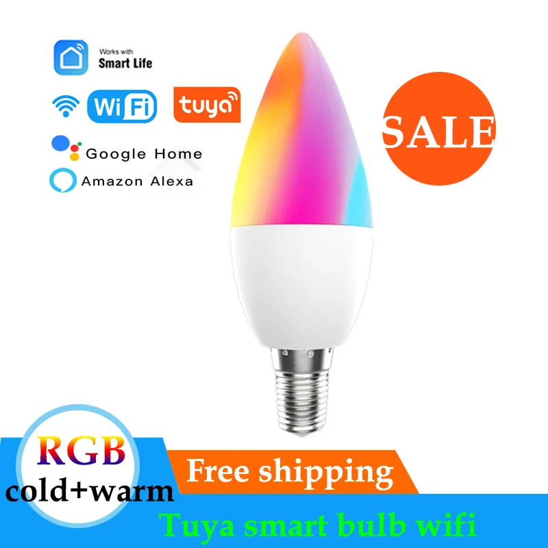

Умный светильник Tuya, лампа E14, Wi-Fi, 5 Вт, с голосовым управлением, Затемняющая Цветовая лампочка, RGB + холодный теплый светильник, работает с Alexa ...