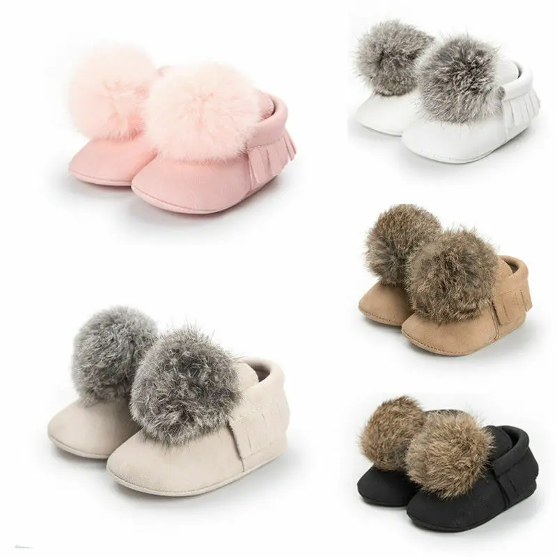 

Newborn Toddler Baby Boy Girl Warm Hairy Ball Crib Shoes Anti-slip Soft Boots Autumn Winter Infant Sneakers Prewalker 0-18M