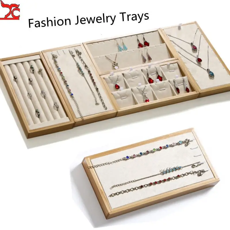 Exquisite Jewelry Trays Bamboo with Velvet Earring Display Pad Ring Box Pendant Bracelet Chain Organizer Home Table Decor Girls