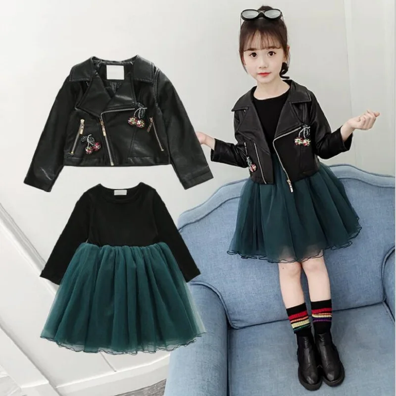 

2021 new kids suits for girls autumn clothes big kids leather jacket + mesh dresses 2 pieces suit 3-12yrs teenagers wear