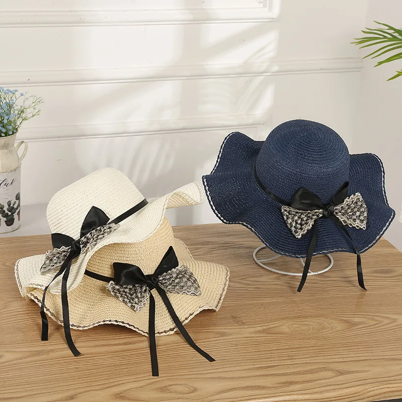 

Korean Style Outdoor Wave Side Women Straw Hat Ladies Fashion Princess Mesh Ribbon Summer Seaside Beach Sun Cap