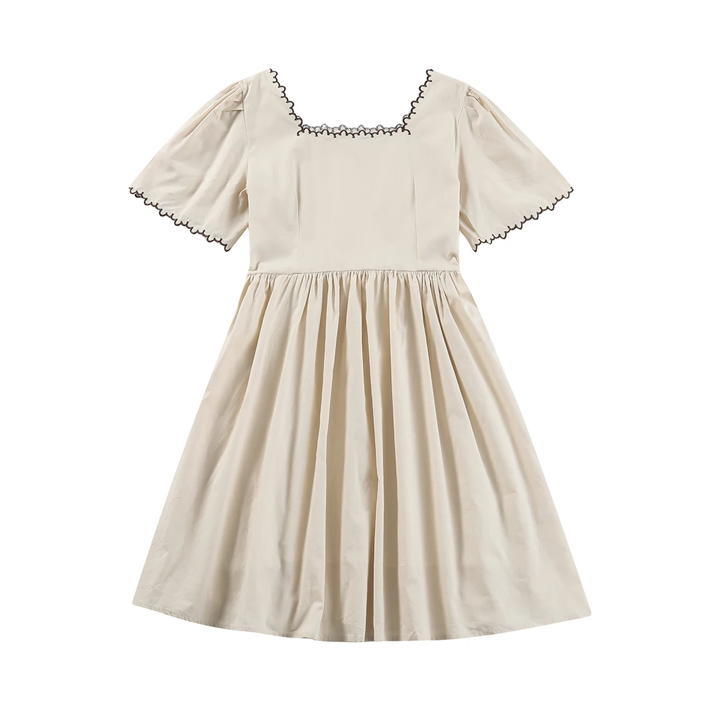 

2021 New Summer Embroidery Design Sense Niche French First Love Gentle Short Sleeve Square Collar A- line Dress Fairy