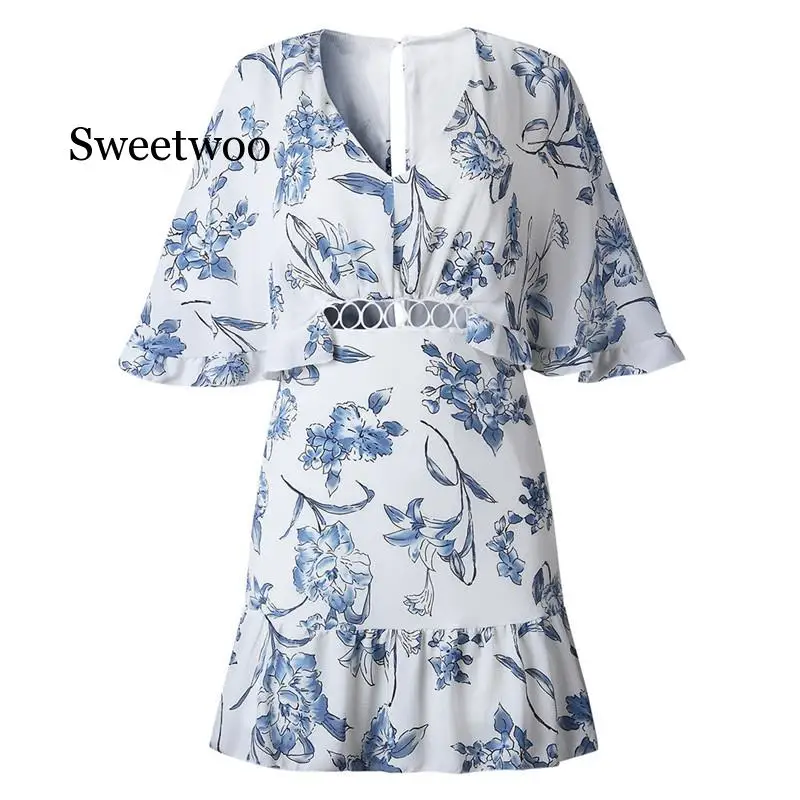 

Women's Floral Print Ruffles Mini Dress Sexy V Neck Batwing Short Sleeve Hollow Out Bohemian Summer Casual Mini Dresses
