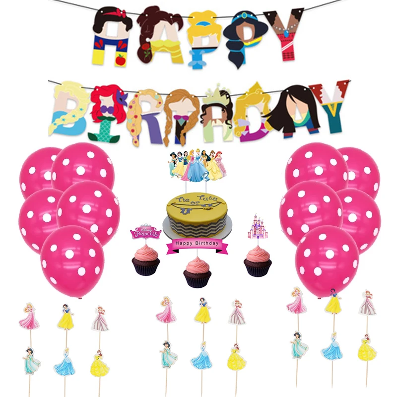 

50pc-set Disney Princess Party Decoration Package Princess Pull Flag Cake decoration Girl Children Birthday Balloons Kids Toy