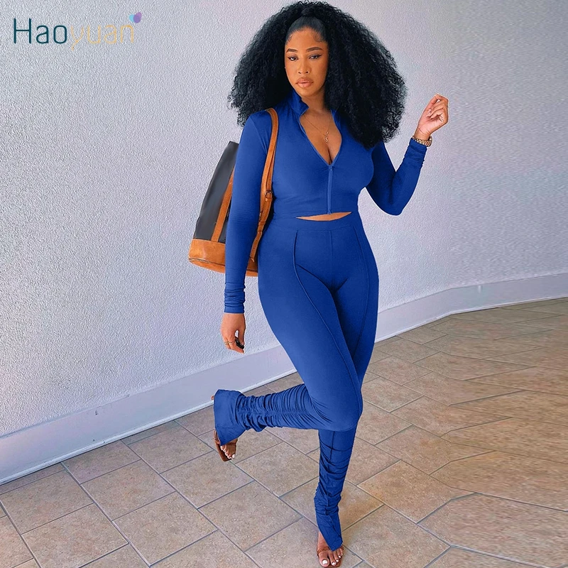 

Повседневный комплект из двух предметов HAOYUAN, укороченный топ на молнии с длинным рукавом, спортивные штаны, женский спортивный костюм, один...