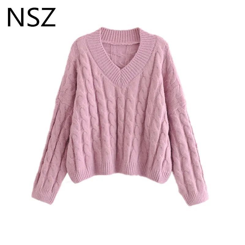 NSZ Women Purple Thick Twisted Sweater Female Long Sleeve Cropped Knitwear Warm Winter Knitted Pullovers Pull Femme | Женская одежда