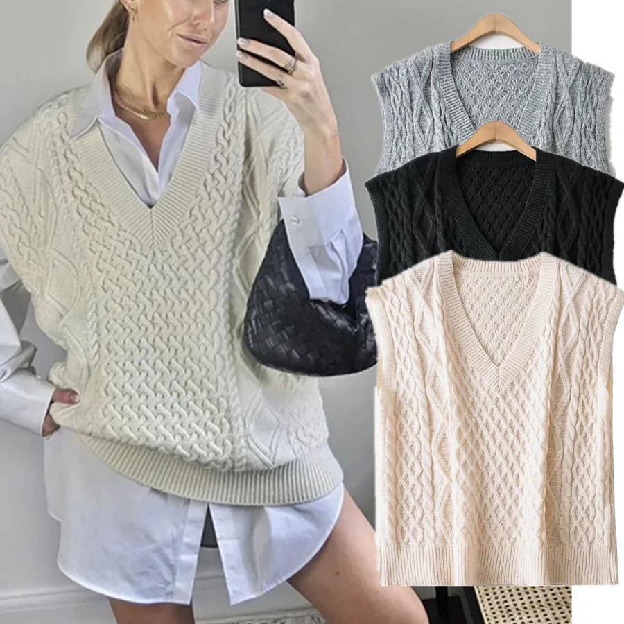 

Jenny&Dave Withered England Style Fashion V-neck Oversize Sweaters Ins Blogger Vintage Hemp Flowers Winter Knitted Vest Tops