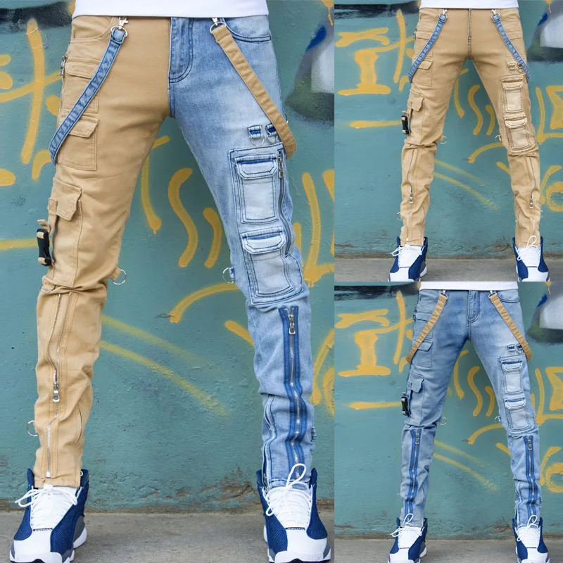 

Lugentolo streetwear Jeans Mens Pockets Stitching Straight Slim 2021 New Spring Fashion Zipper Fly Mid Waist Men Pants