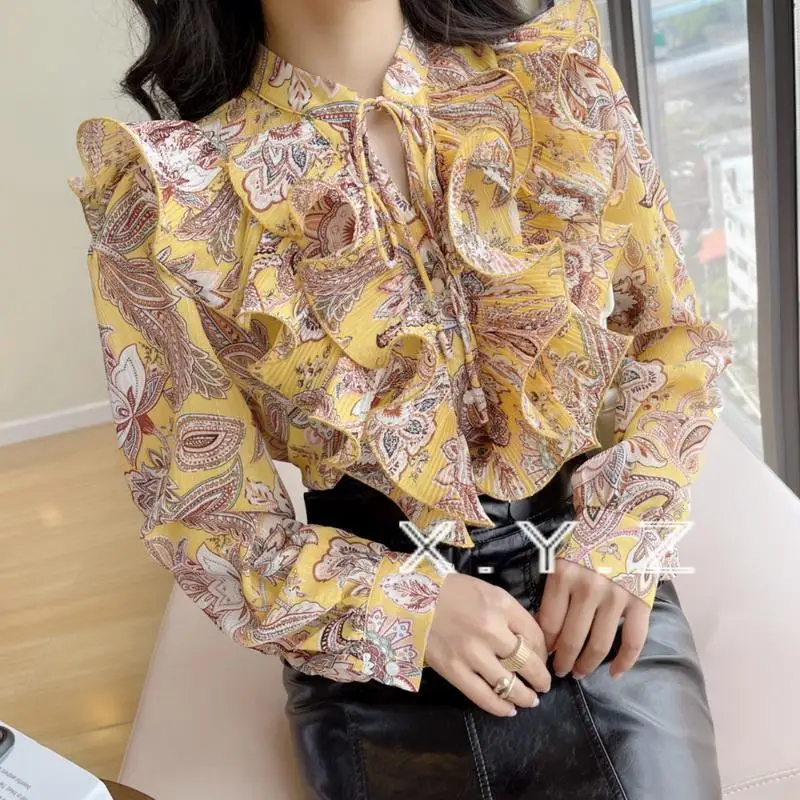 

Spring 2021 Vintage Elegant Women Chiffon Print Shirt Long Sleeve Button Up Top Fashion Designer Ruffles Office Lady Clothing
