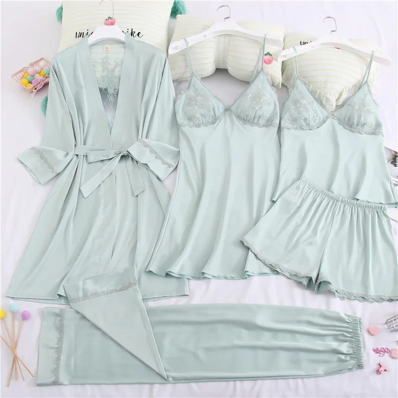 

Satin Blue 5PCS Pajamas Set Women New Sleepwear Spring Summer Sleep Set Femme Kimono Gown Casual Pyjamas Suit Home Wear