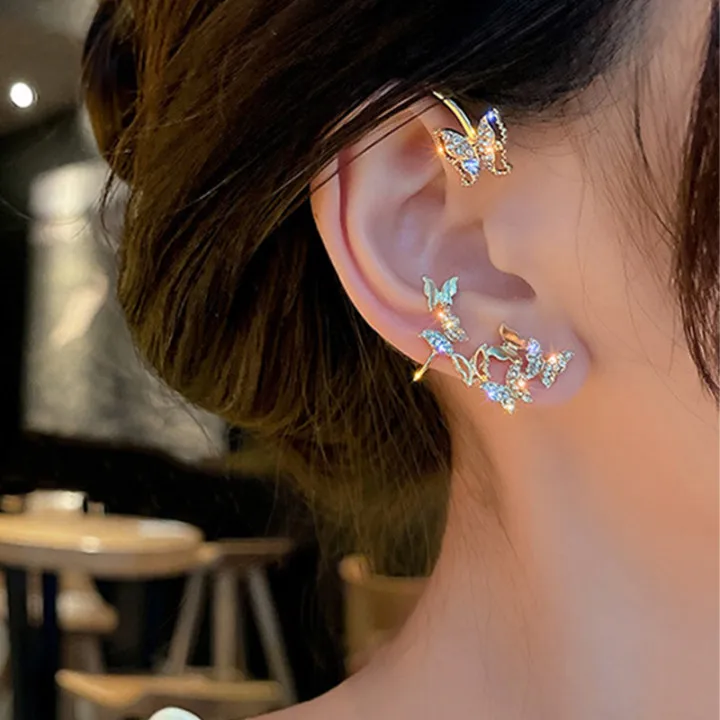 

​Shining Exquisite Sparkling Zircon Butterfly Earrings Metal Ear Cuff Stud Earrings for Women Girls Korean Fashion Jewelry
