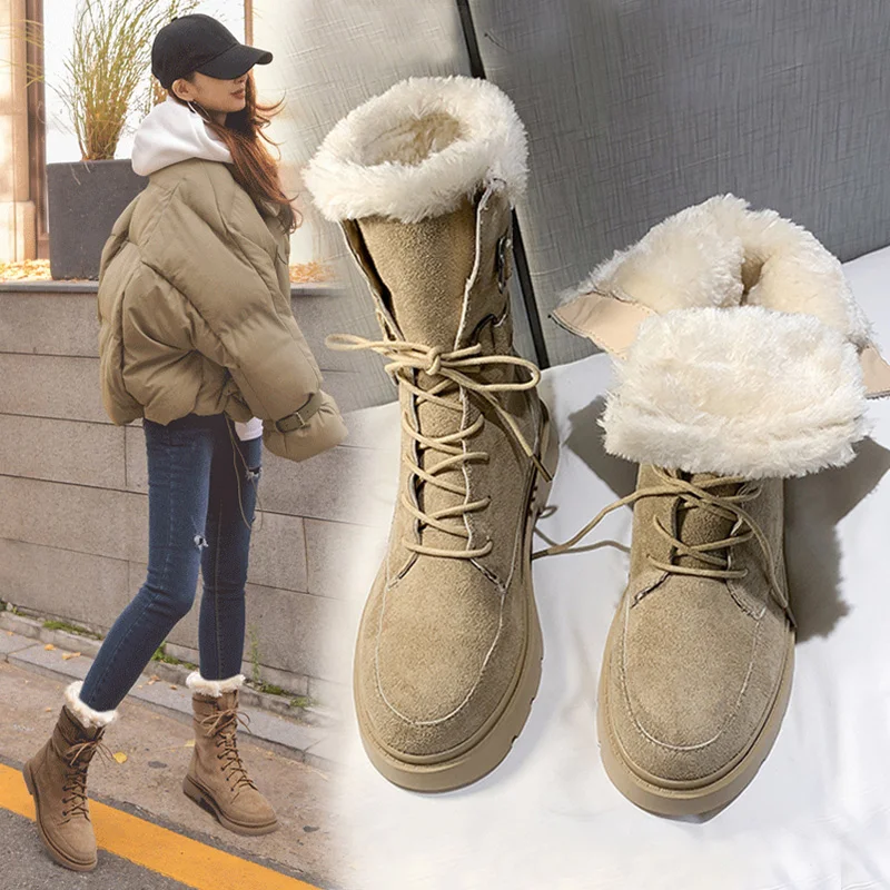 Зимние ботинки до середины икры женские зимние теплые martin из флока с круглым