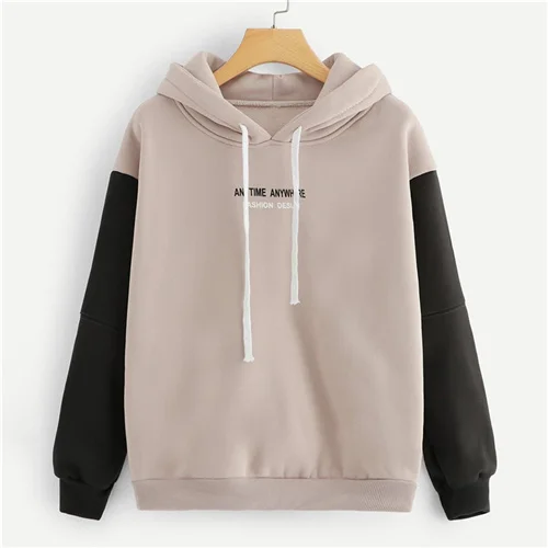 Многоцветный SweatyRocks толстовка с контрастными рукавами и надписями на шнурке, пуловер большого размера, топы, осенние женские повседневные толстовки с капюшоном - Цвет: Многоцветный