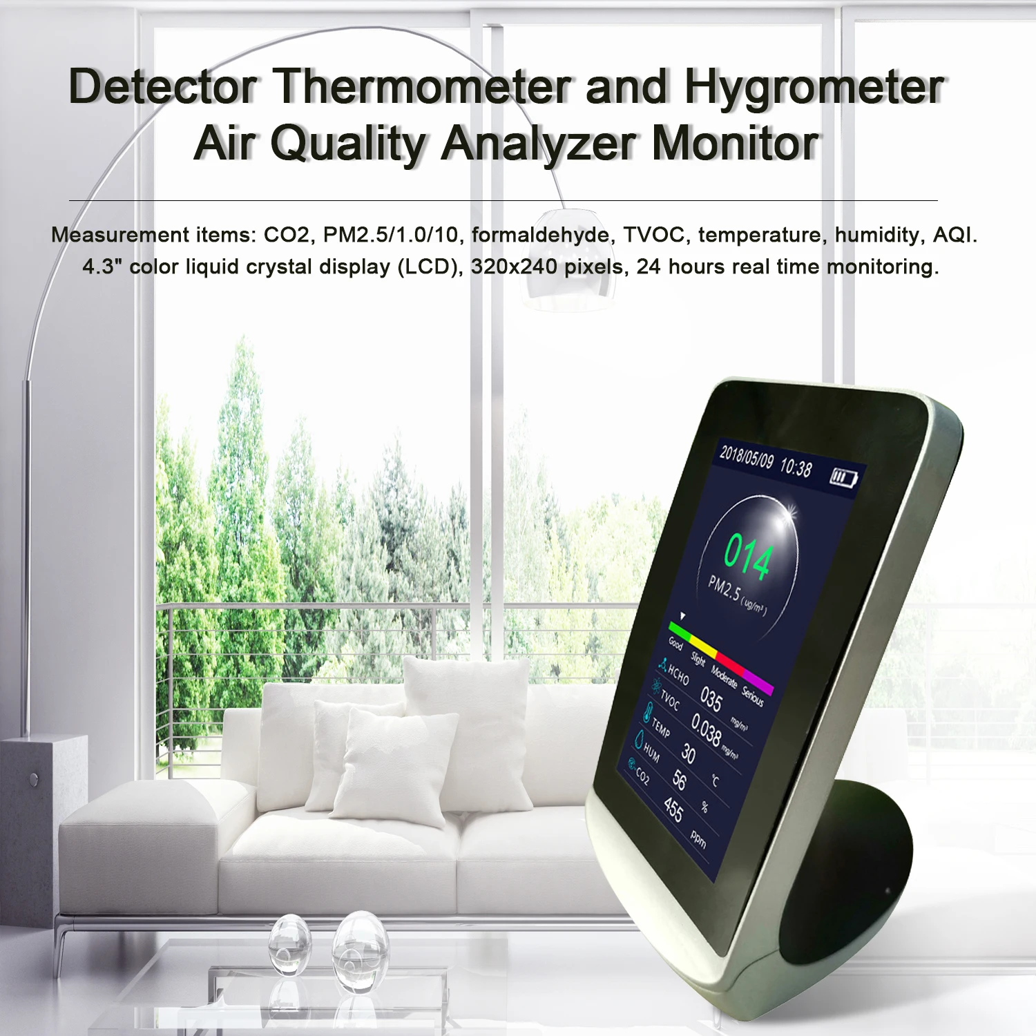 

4.3 Inch Digital LCD CO2 PM2.5 PM1.0 PM10 HCHO TVOC AQI Detector Thermometer and Hygrometer Air Quality Analyzer Monitor