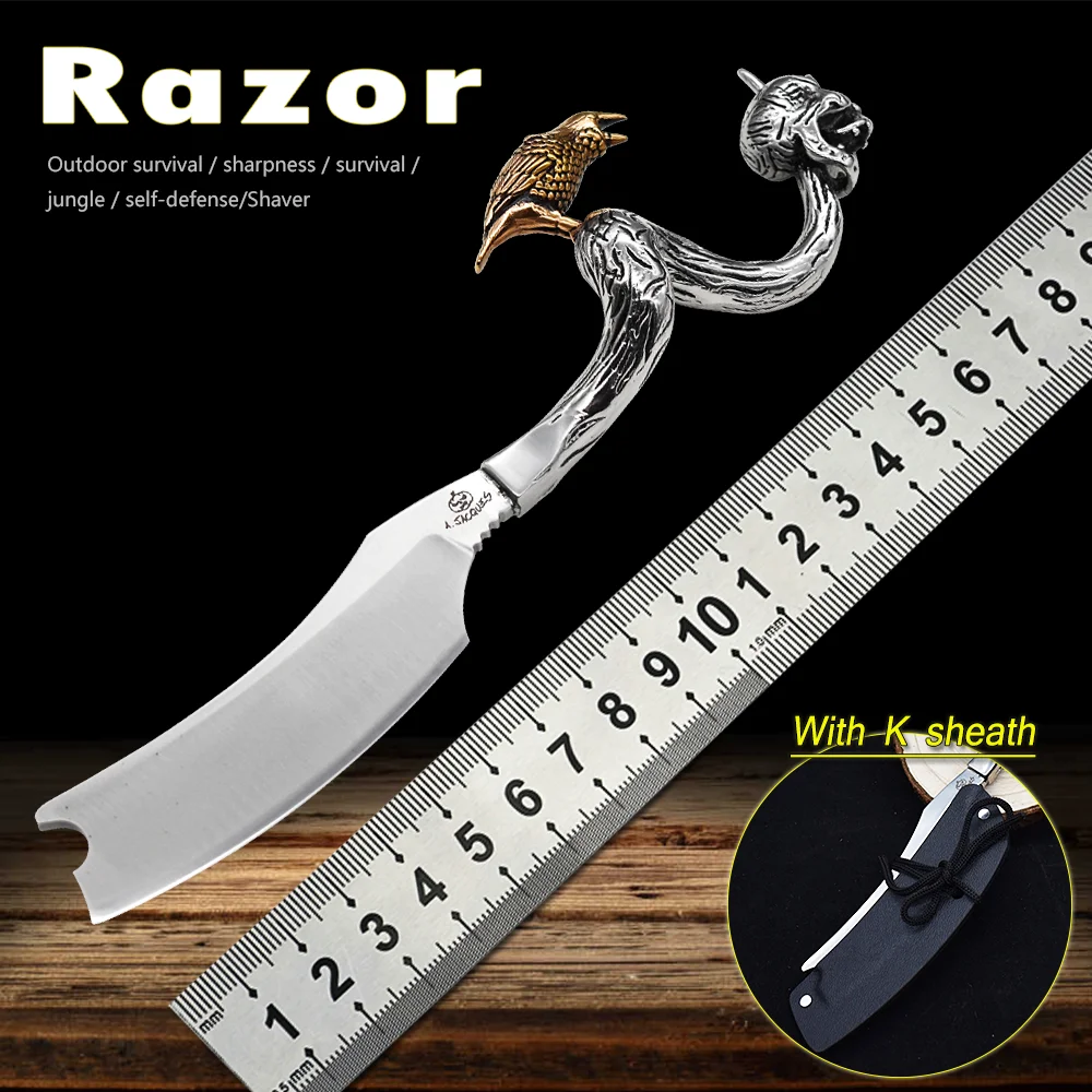 D2 Blade Fixed Razor Stainless Steel Handle Skull Head Hand-made Ornaments Outdoor Hunting Knife Survival Camping Tool Collect