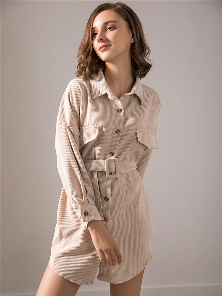 Платье-мини женское осенне-зимнее с поясом и карманами | Женская одежда
