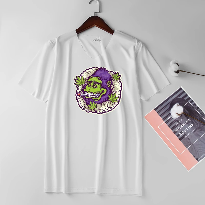 

T-shirt For Men Tee Tops Ice Short Sleeve V Collared Tshirt Hip Hop Smoking monkey Print Male T Shirt Hipster Men Clothes