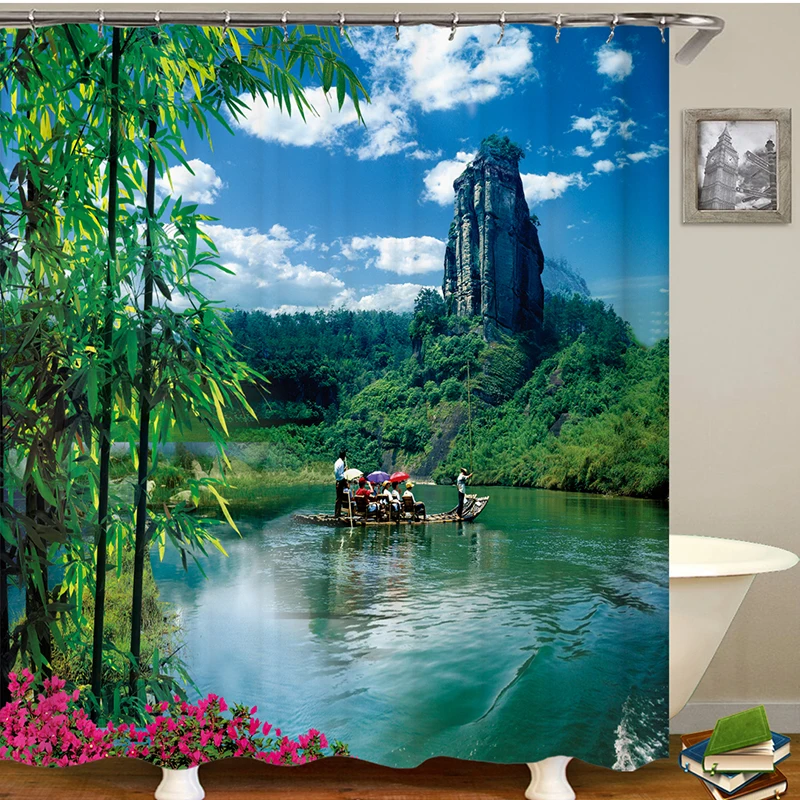 

river mountain shower curtains lotus flower bathroom curtain bamboo drop shipping waterproof bath curtain shower