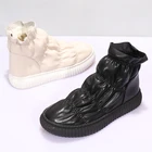 Зимние Женские однотонные хлопковые ботинки с высоким верхом, на пуху, с перьями, с бархатной подкладкой, на плоской подошве, простые зимние ботинки без застежек