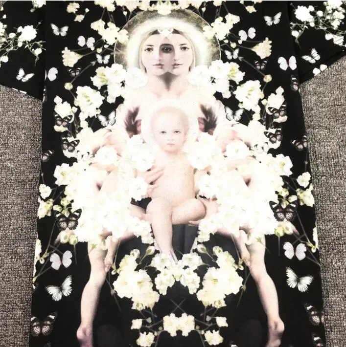 

Men New Novelty 19ss Virgin Mary Jasmine Flower T Shirts T-Shirt Hip Hop Skateboard Street Cotton T-Shirts Tee Top kenye #B89