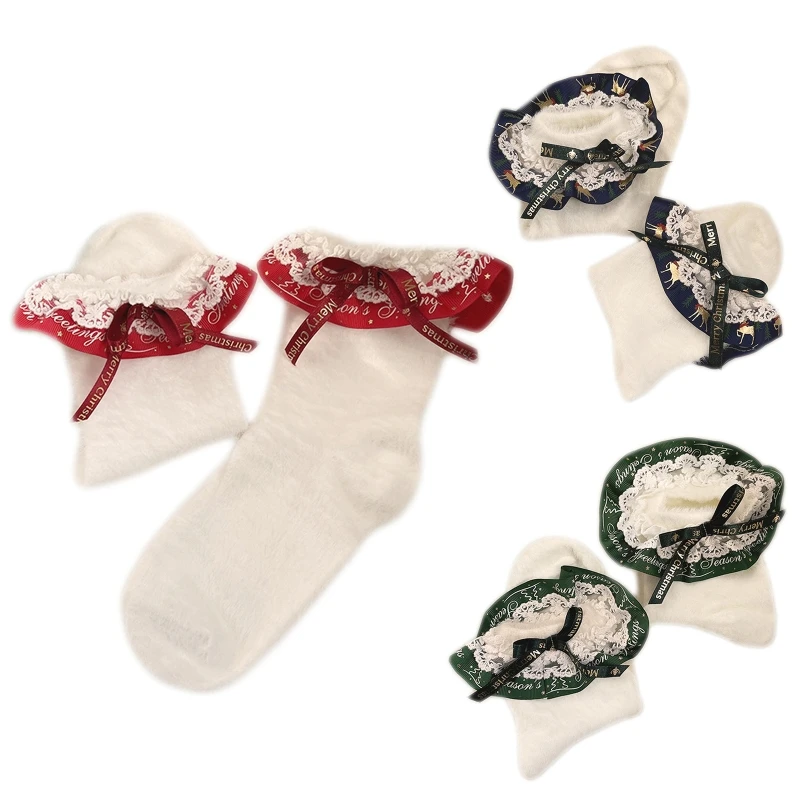 

Women Furry Short Ankle Socks Christmas Ribbon Bow Ruffled Lace Lolita Hosiery L5YB