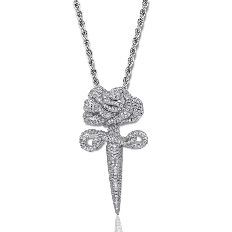 AAA+ кубический цирконий вымощенные Bling Ice Out розы бутон подвески-кинжалы ожерелья для мужчин и женщин хип-хоп рэппер ювелирные изделия - Окраска металла: silver