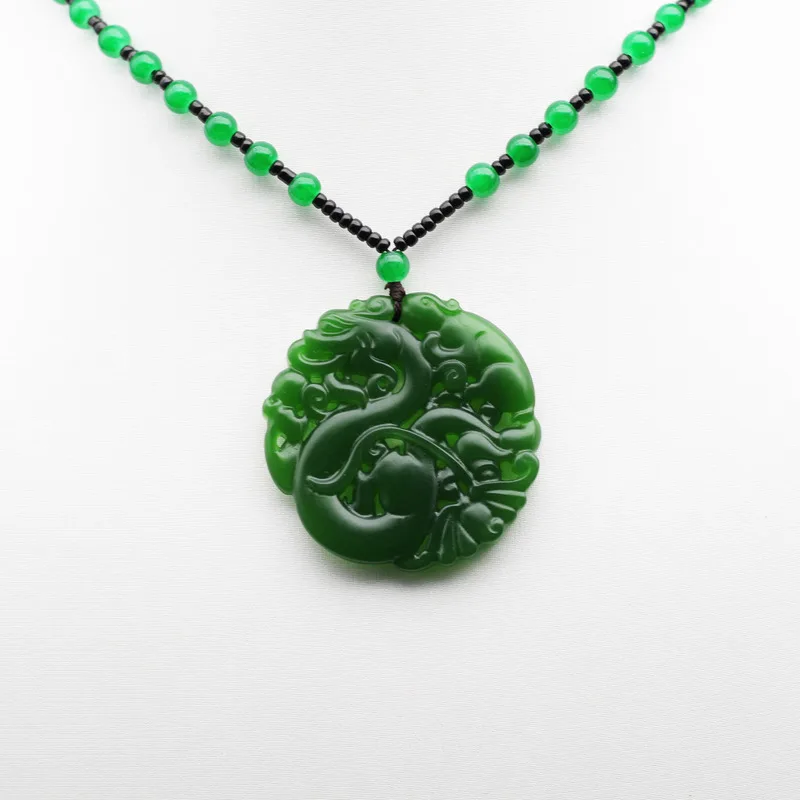 

Chinese Natural Green Jade Dragon Pendant Necklace Double-sided Hollow Carved Charm Jewelry Fashion Accessories Amulet Gifts