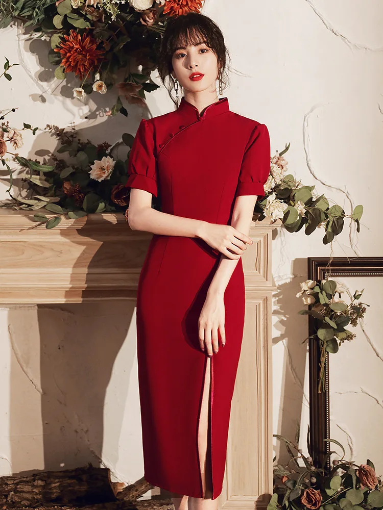 

Plus Size 3XL Slim Sheath Bride Wedding Dress Sexy High Split Cheongsam Mandarin Collar Evening Dress Temperament Chinese Dress