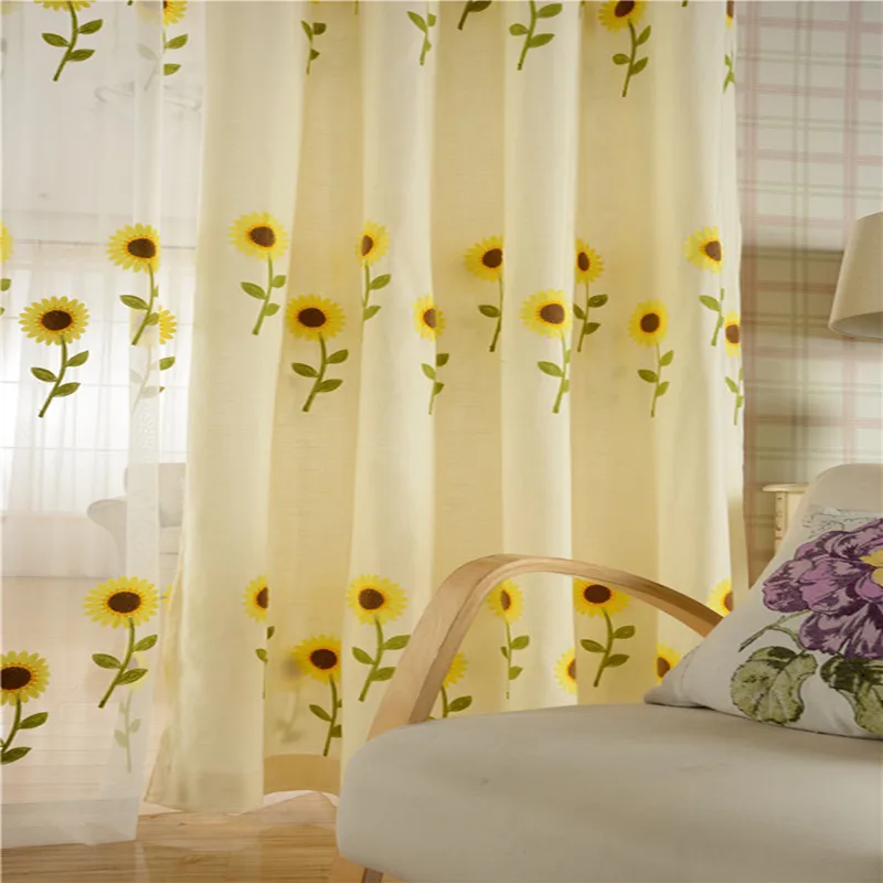 Beige Sunflower Window Curtains for Kids Living Room Bedroom Home Decor Tulle Sheer Curtains for Window Treatment Drapes Blinds  - buy with discount