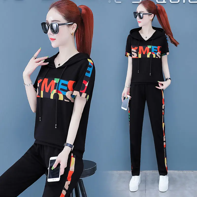 

Sportswear summer fashion loose short sleeve trousers letter stand collar casual two piece set