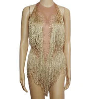 sleeveless gold tassel bodysuits women nightclub drag queen dj singer dancer performance stage wear sparkly skinny show costumes