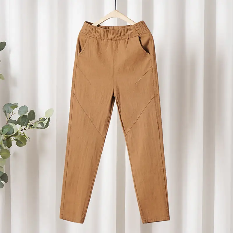 

Plus Size XL-5XL Spring Summer Women Pants Casual Ankle Length Trousers Solid High Elastic Waist Cotton Linen Harem Pants