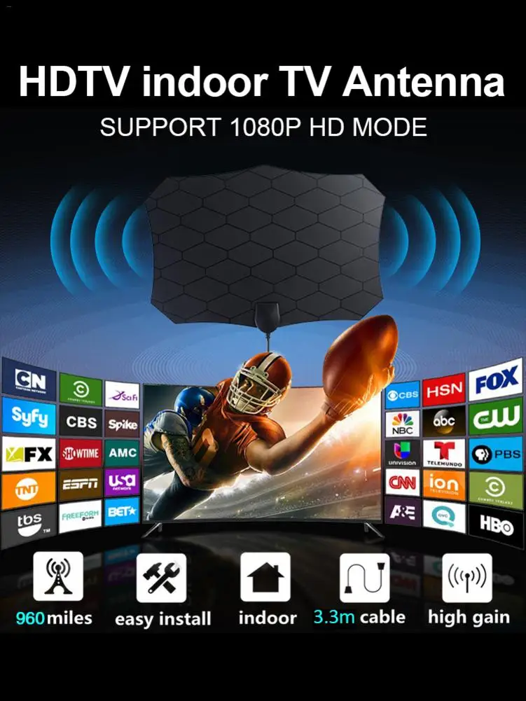 

Newest 4K 25DB High Gain HD TV DTV Box Digital TV Antenna EU Plug 960 Miles Booster Active Indoor Aerial HD Flat Design DVB-T2