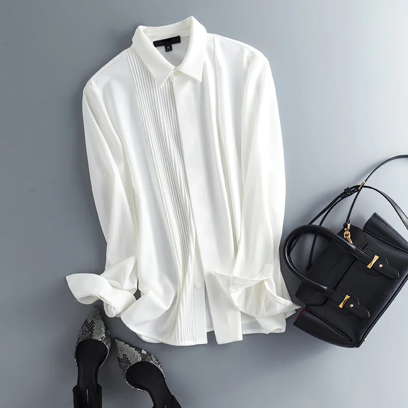 

Pleated Square Collar Chiffon White Long Sleeve Shirt Women Button Up Shirt Tops Mujer Camisas Mujer