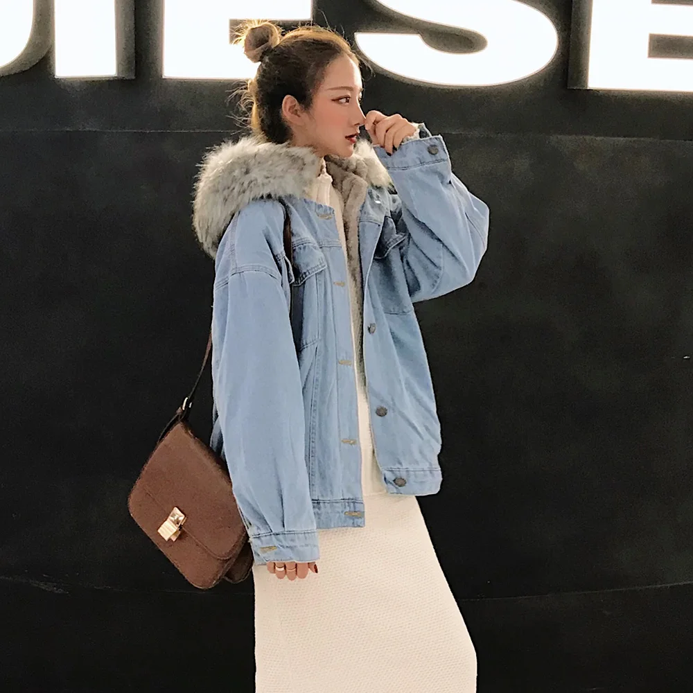

Women's Denim Plus Velvet Jacket Female 2020New Loose Hooded Winter Thickened Student Short Lamb Wool Cotton Clothing Trend