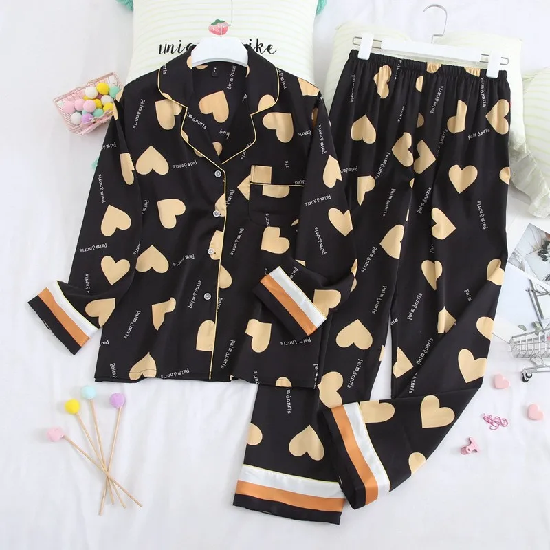 

Чёрные атласные туфли с принтом, комплект одежды для сна из 2 предметов, весенне-летние пижамы комплект рубашка с длинными рукавами и штаны с...