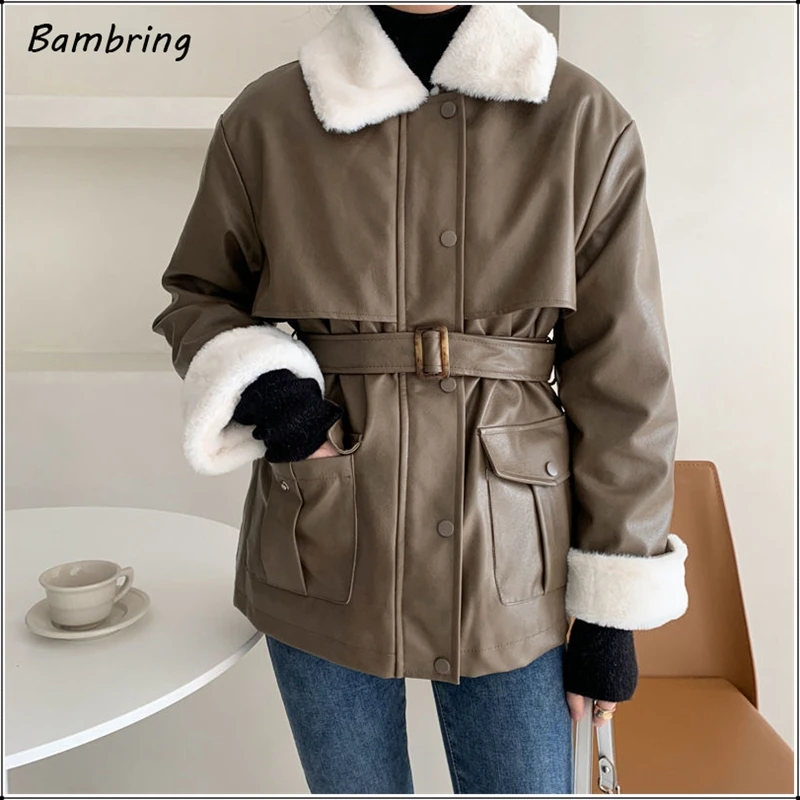 Winter Vintage Pu Coat Women Fashion Plush Lapel Warm Cotton Overcoat Faux Leather Jackets Motor Biker Belt Pockets Buttons Coat