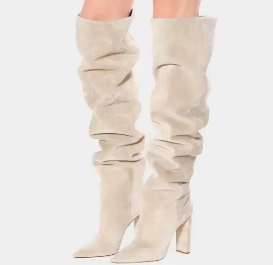

Drop Shipping Beige Red Brown Black Matte Pleated Over The Knee Boots Woman Pointed Toe Square Heels Slip On Loose Tube Botas
