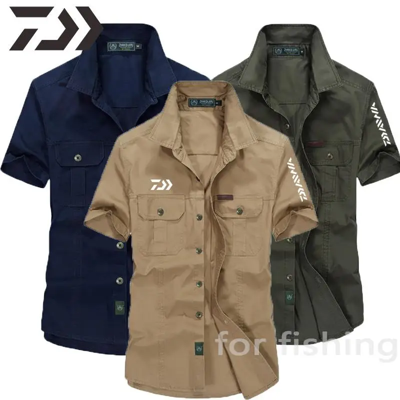 

Daiwa Clothing Fishing Outdoor Men's Summer Shirts Short Sleeve Fishing Shirt 100% Pure Cotton Army Green Hiking Fishing Coat