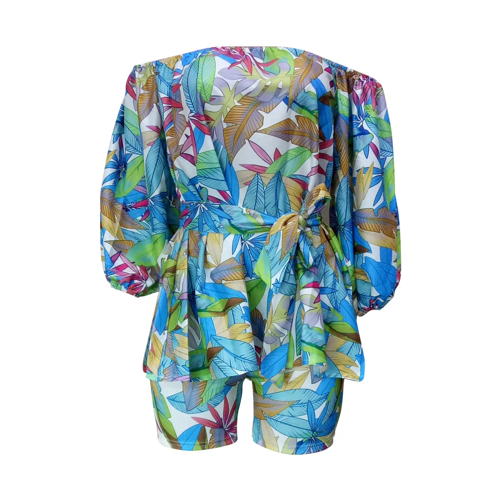 

55LS8033 Summer Women Casual Two Piece Set Top and Strapless Flower Print Sashes Pants Tracksuit Sweatsuit Outfits