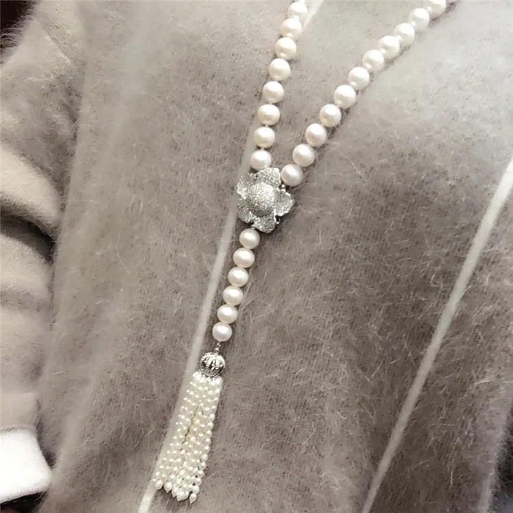 

Hand knotted long natural 8-9mm white freshwater pearl necklace tassel sweater chain 80+16cm fashion jewelry