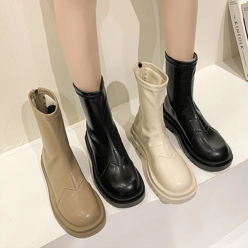 

Женские ботинки с круглым носком, Осенние роскошные дизайнерские ботинки, женские ботинки на молнии сзади, до середины икры, модная обувь до...