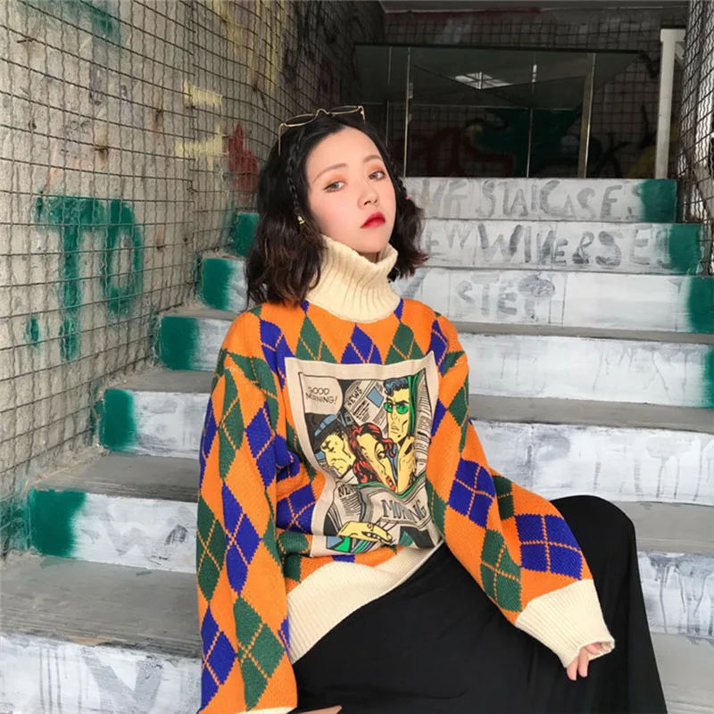 

Female Korean Pullover Loose Sweater Soft Winter Tops Knitwear Women's Sweaters Contrast rhombus High Collar Clothing Sweaters