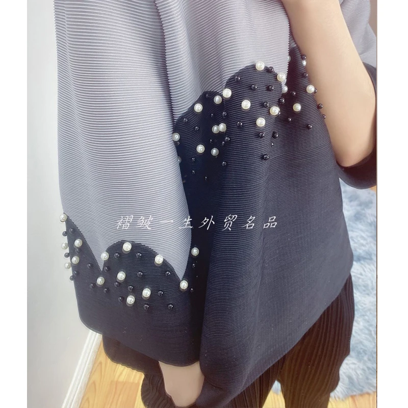 

2021 spring women's new beaded tops Miyak fold Fashion round neck loose and thin three-quarter sleeves all-match short T-shirt