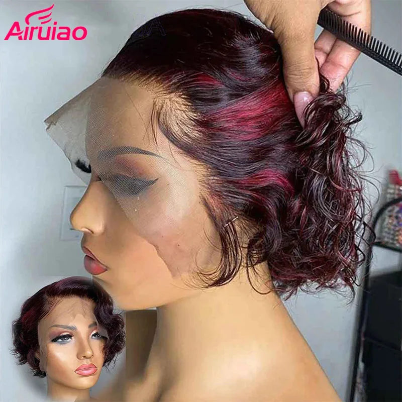 

Ombre 99j Short Pixie Cut Bob 13x2 Lace Front Wig Wavy Burgundy Colored Human Hair Wigs Preplucked Bleached Knots Red 180 Remy