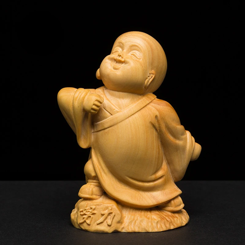 

5pcs 8cm Happy Little Monk Wood Ornaments Solid Wood Home Carving Crafts Characters Gift