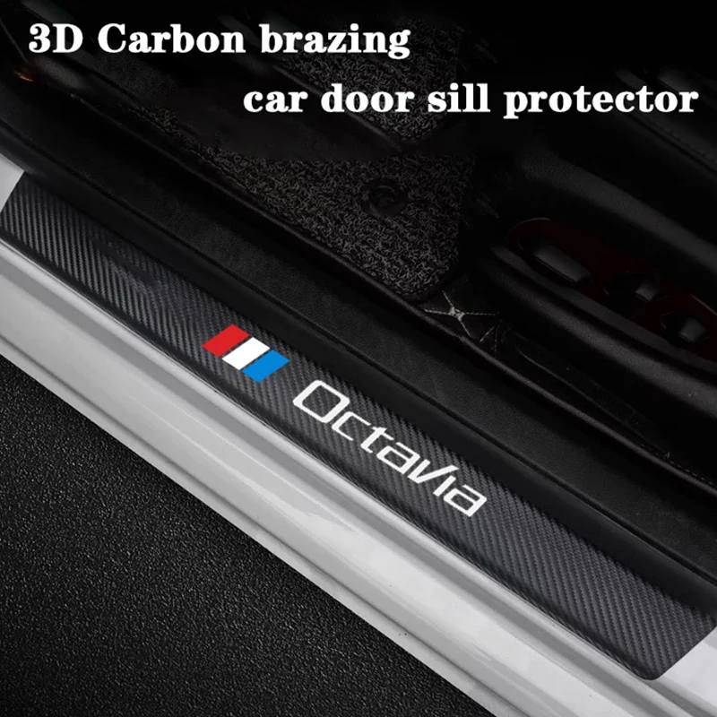 

4pcs Carbon Fiber Door Sill Protector Leather Vinyl Stickers For Skoda Octavia 2 3 MK2 MK3 A4 A5 A7 VRS Car Accessories